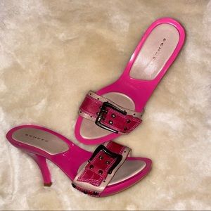 SCHUTZ - hot pink & tan leather strap, wood heel